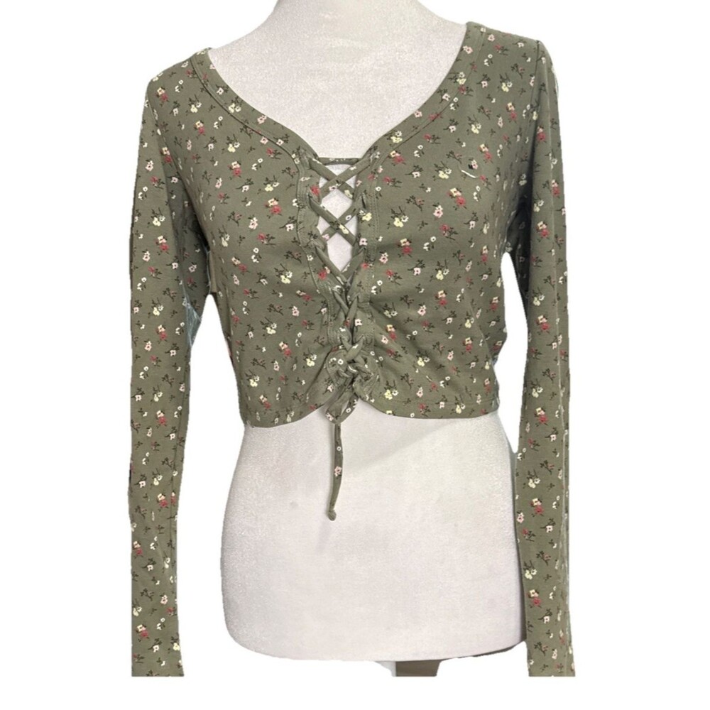 Aeropostale NWOT Green Floral Crop Top Long Sleeve LaceUp Ruched Front MED Ditsy